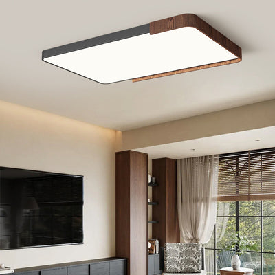 Traditional Japanese Rectangular Round Wood Grain Iron Acrylic LED Flush Mount Ceiling Light For Living Room