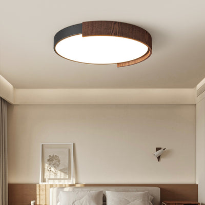 Traditional Japanese Rectangular Round Wood Grain Iron Acrylic LED Flush Mount Ceiling Light For Living Room