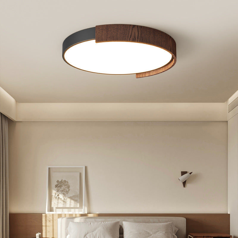 Traditional Japanese Rectangular Round Wood Grain Iron Acrylic LED Flush Mount Ceiling Light For Living Room