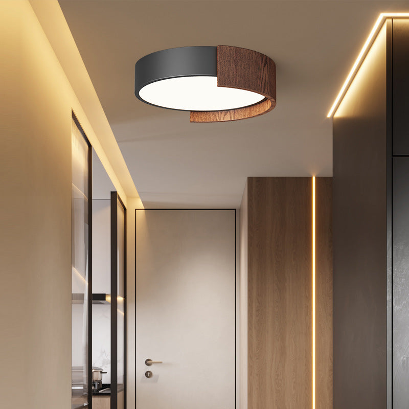 Traditional Japanese Rectangular Round Wood Grain Iron Acrylic LED Flush Mount Ceiling Light For Living Room