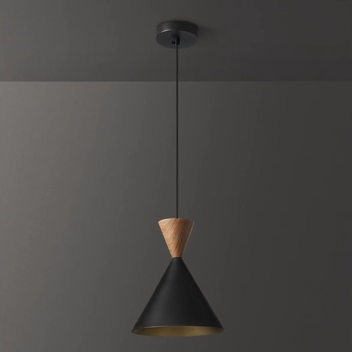 Lámpara colgante de lujo contemporáneo con cúpula cónica de latón y madera de 1 luz para sala de estar 