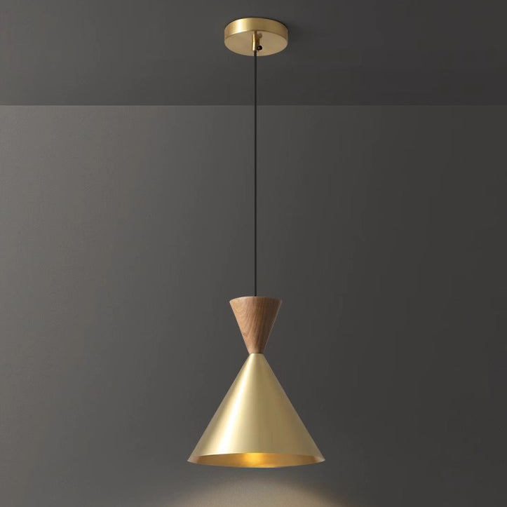 Lámpara colgante de lujo contemporáneo con cúpula cónica de latón y madera de 1 luz para sala de estar 