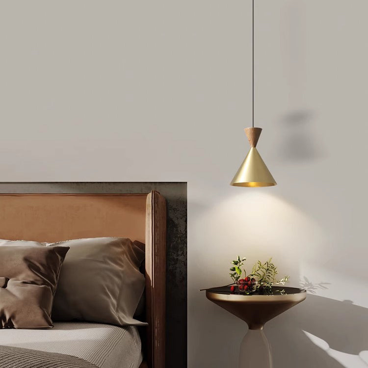 Lámpara colgante de lujo contemporáneo con cúpula cónica de latón y madera de 1 luz para sala de estar 