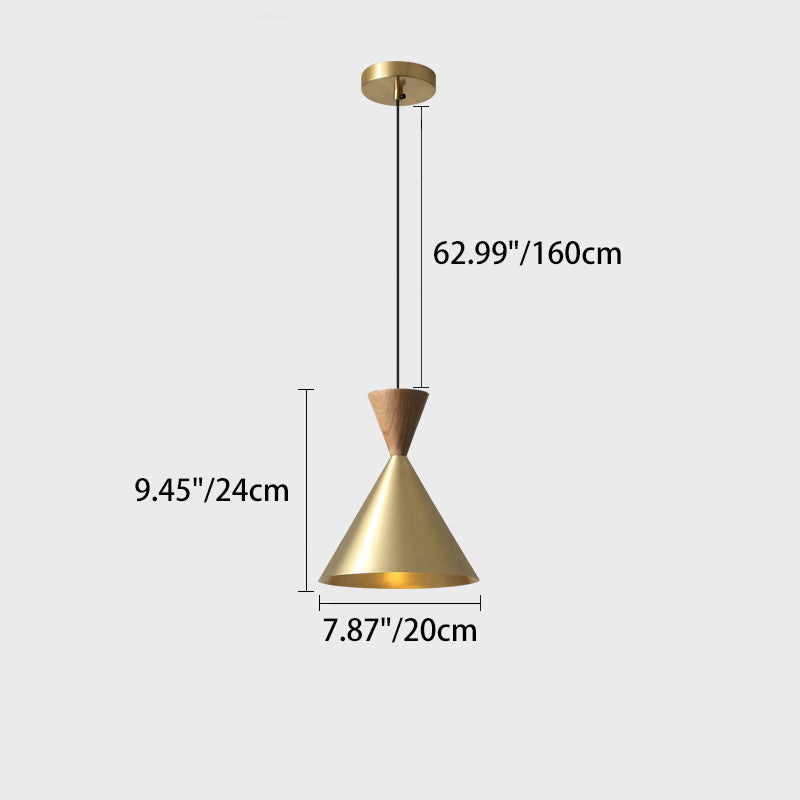 Lámpara colgante de lujo contemporáneo con cúpula cónica de latón y madera de 1 luz para sala de estar 