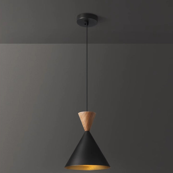 Lámpara colgante de lujo contemporáneo con cúpula cónica de latón y madera de 1 luz para sala de estar 