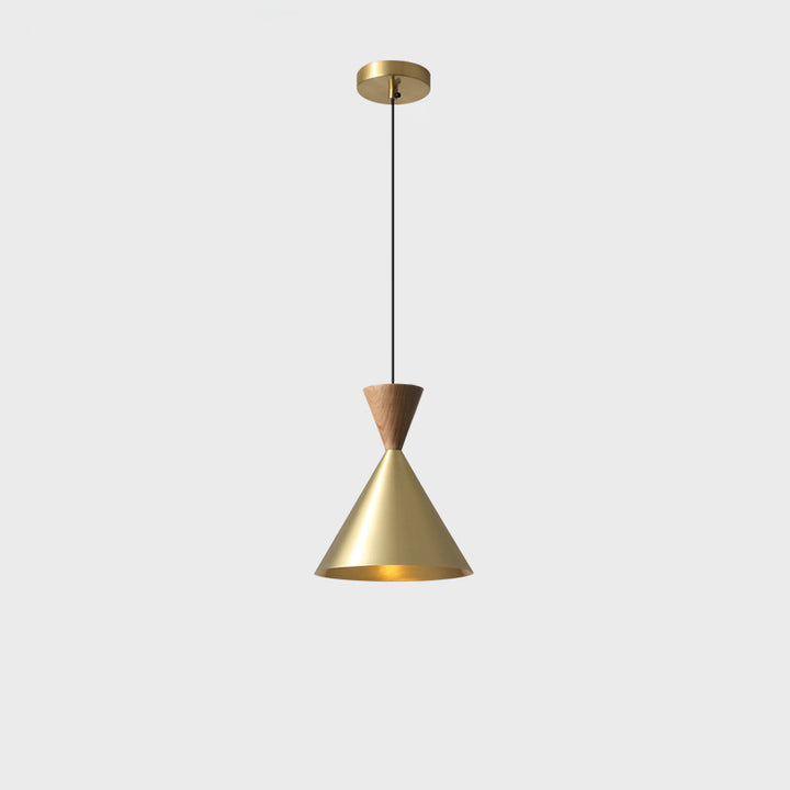 Lámpara colgante de lujo contemporáneo con cúpula cónica de latón y madera de 1 luz para sala de estar 