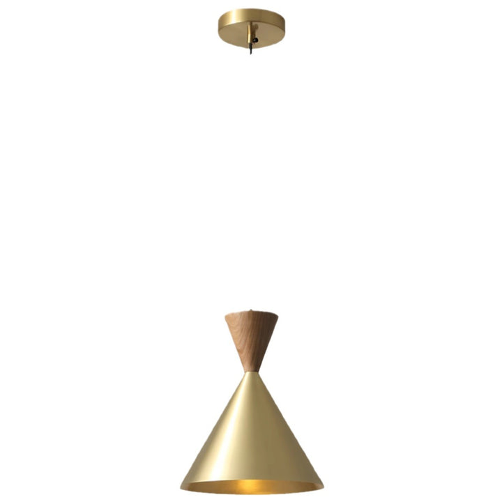 Lámpara colgante de lujo contemporáneo con cúpula cónica de latón y madera de 1 luz para sala de estar 