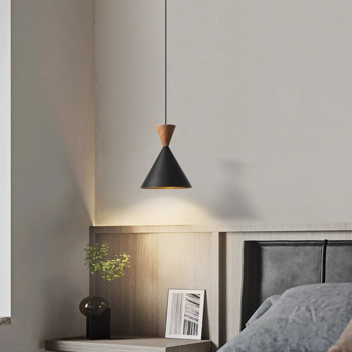 Lámpara colgante de lujo contemporáneo con cúpula cónica de latón y madera de 1 luz para sala de estar 