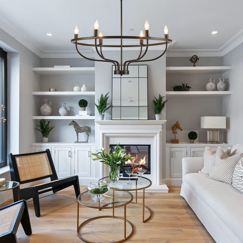 Chandeliers Contemporains en Métal Industriel Rond avec Cadre en Branche pour Bougie à 6 Lumières pour Salle à Manger 