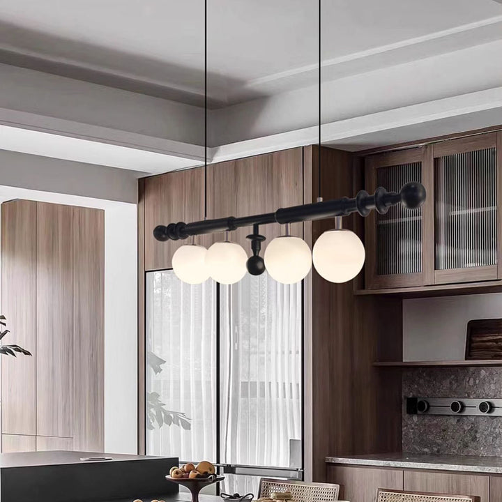 Contemporary Retro Wood Column Glass Ball Dome 4-Light Island Light Chandelier For Dining Room