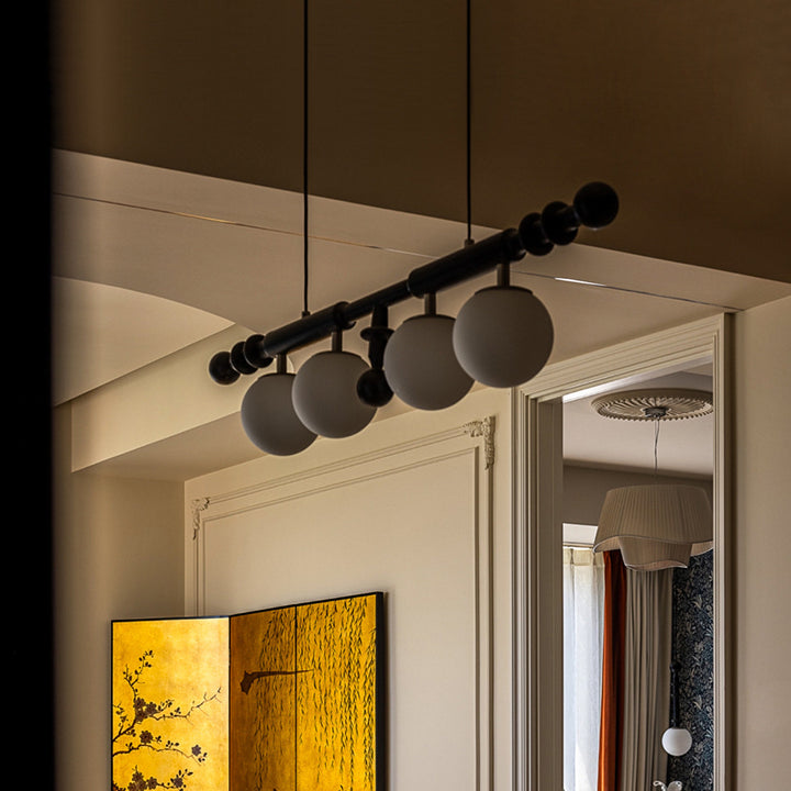 Contemporary Retro Wood Column Glass Ball Dome 4-Light Island Light Chandelier For Dining Room