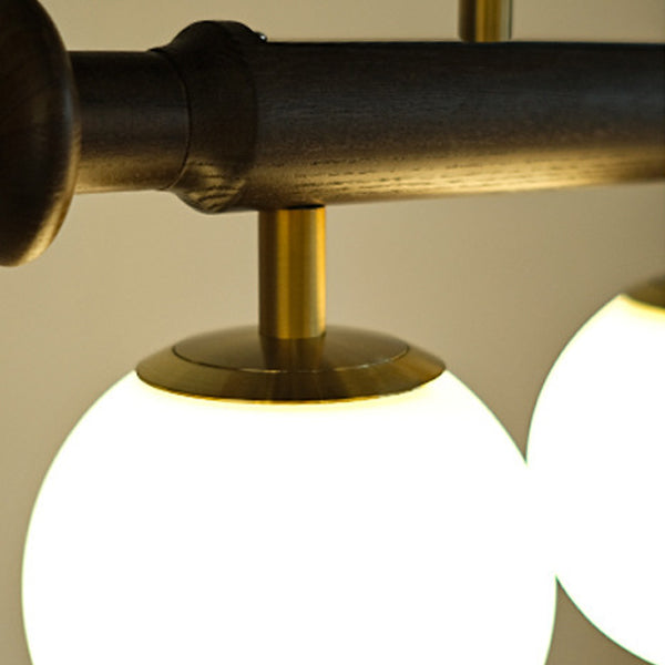 Contemporary Retro Wood Column Glass Ball Dome 4-Light Island Light Chandelier For Dining Room