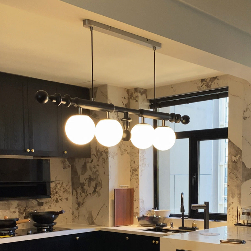 Contemporary Retro Wood Column Glass Ball Dome 4-Light Island Light Chandelier For Dining Room