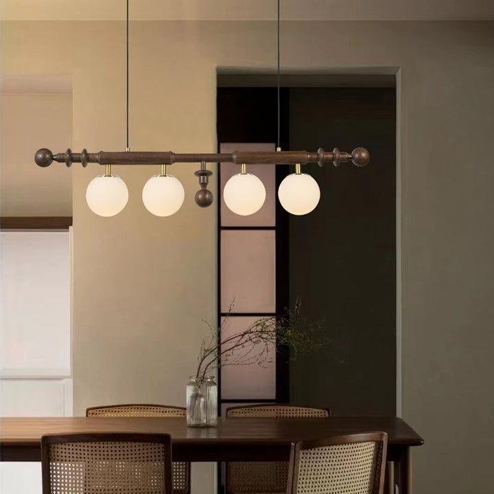 Contemporary Retro Wood Column Glass Ball Dome 4-Light Island Light Chandelier For Dining Room