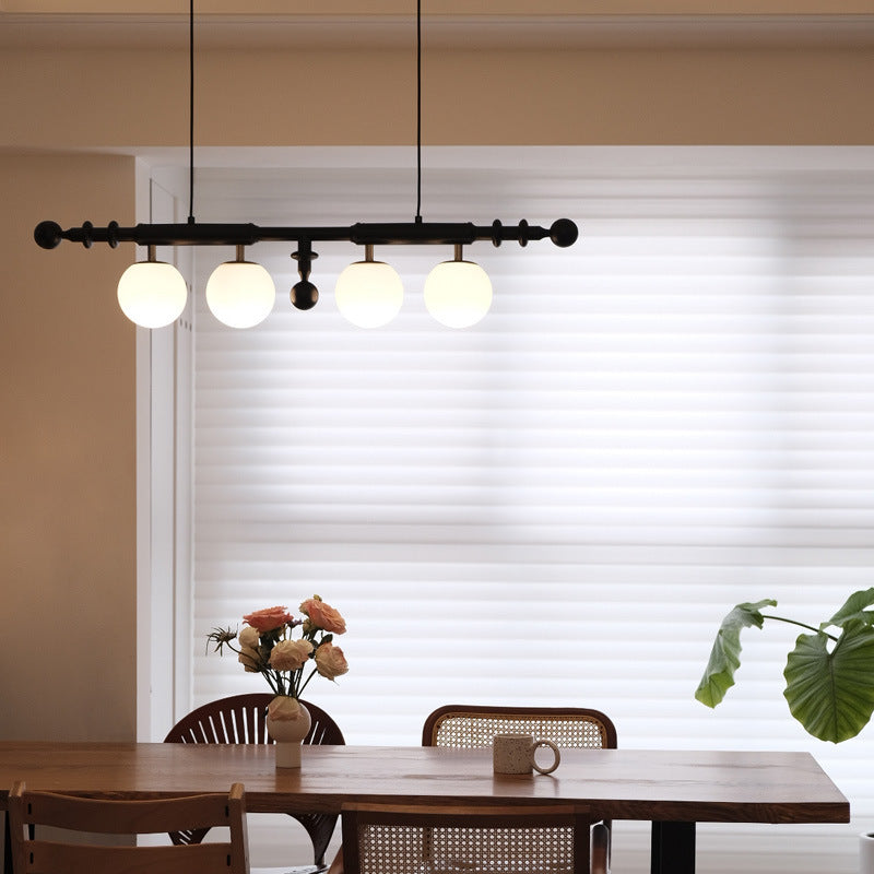 Contemporary Retro Wood Column Glass Ball Dome 4-Light Island Light Chandelier For Dining Room