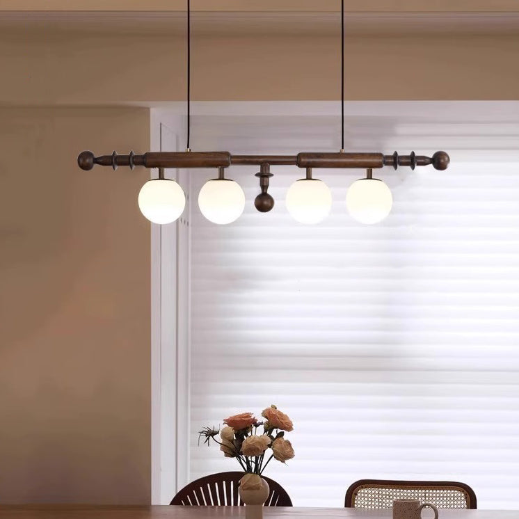 Contemporary Retro Wood Column Glass Ball Dome 4-Light Island Light Chandelier For Dining Room