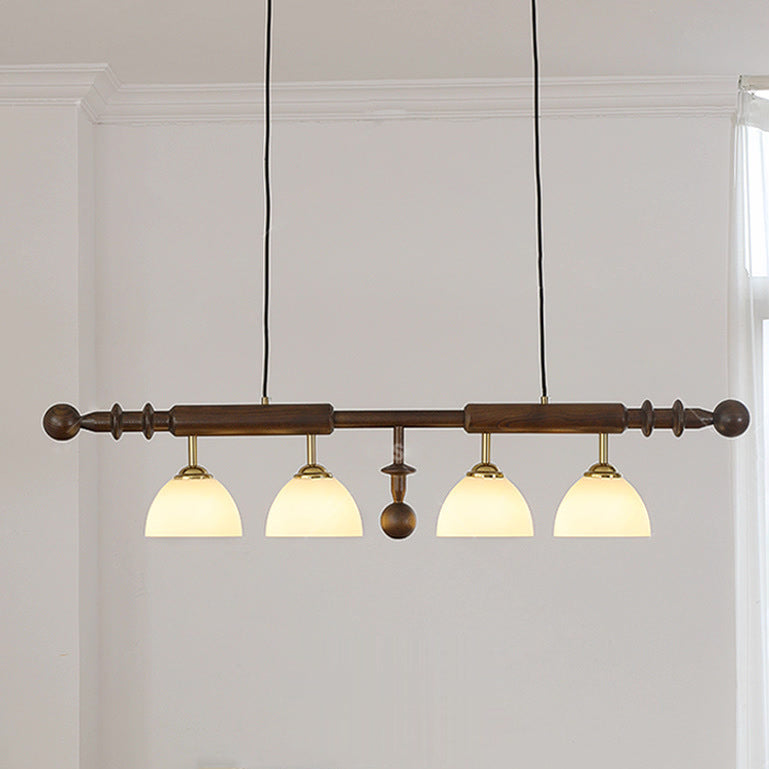 Contemporary Retro Wood Column Glass Ball Dome 4-Light Island Light Chandelier For Dining Room