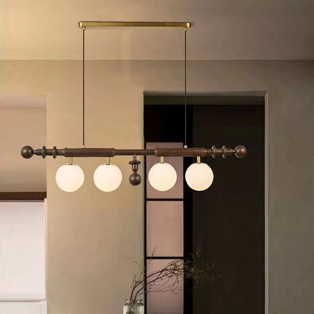 Contemporary Retro Wood Column Glass Ball Dome 4-Light Island Light Chandelier For Dining Room