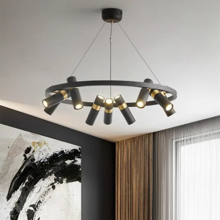 Contemporary Industrial Rotatable Glass Metal Tube Circle Ring 3/6/9-Light Chandeliers For Dining Room