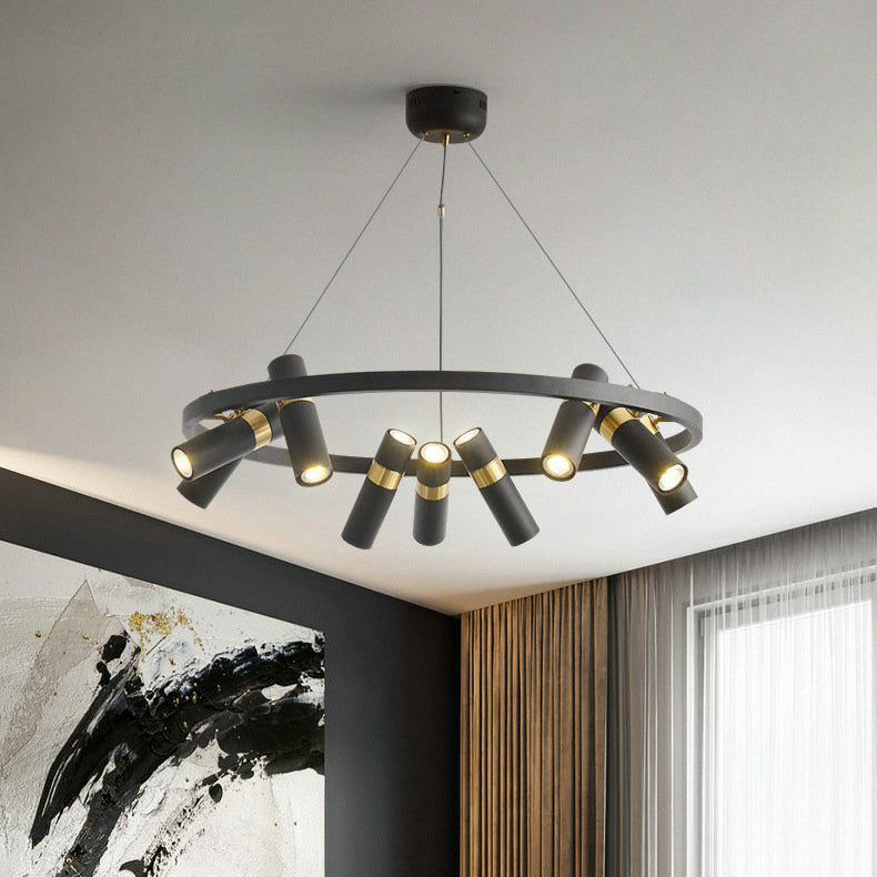 Contemporary Industrial Rotatable Glass Metal Tube Circle Ring 3/6/9-Light Chandeliers For Dining Room