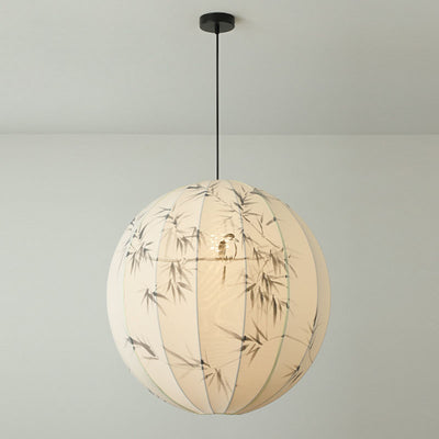 Abat-jour rond en tissu avec motif d'oiseau en bambou peint à la main en métal chinois traditionnel, suspension à 1 lumière pour salon 