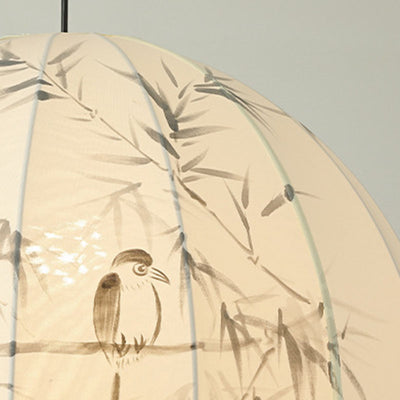 Abat-jour rond en tissu avec motif d'oiseau en bambou peint à la main en métal chinois traditionnel, suspension à 1 lumière pour salon 