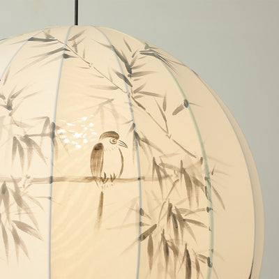Abat-jour rond en tissu avec motif d'oiseau en bambou peint à la main en métal chinois traditionnel, suspension à 1 lumière pour salon 