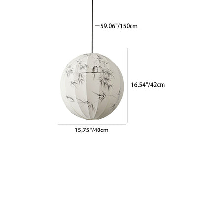 Abat-jour rond en tissu avec motif d'oiseau en bambou peint à la main en métal chinois traditionnel, suspension à 1 lumière pour salon 