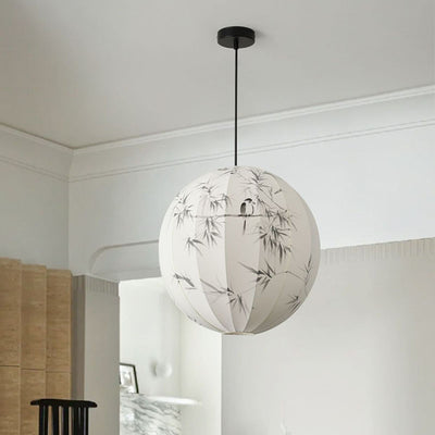 Abat-jour rond en tissu avec motif d'oiseau en bambou peint à la main en métal chinois traditionnel, suspension à 1 lumière pour salon 