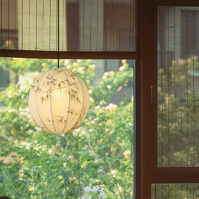 Abat-jour rond en tissu avec motif d'oiseau en bambou peint à la main en métal chinois traditionnel, suspension à 1 lumière pour salon 