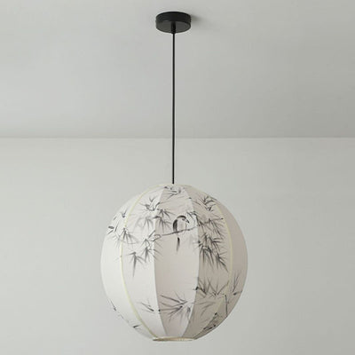 Abat-jour rond en tissu avec motif d'oiseau en bambou peint à la main en métal chinois traditionnel, suspension à 1 lumière pour salon 
