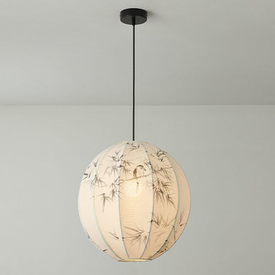 Abat-jour rond en tissu avec motif d'oiseau en bambou peint à la main en métal chinois traditionnel, suspension à 1 lumière pour salon 