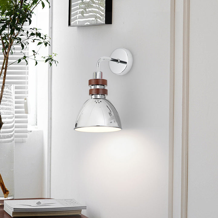 Zeitgenössische skandinavische gehörnte Schüssel Halbkreisförmige Kugel Zylinder Scheibe Basis Eisen Holz 1-Licht Wandleuchte Lampe für Schlafzimmer 