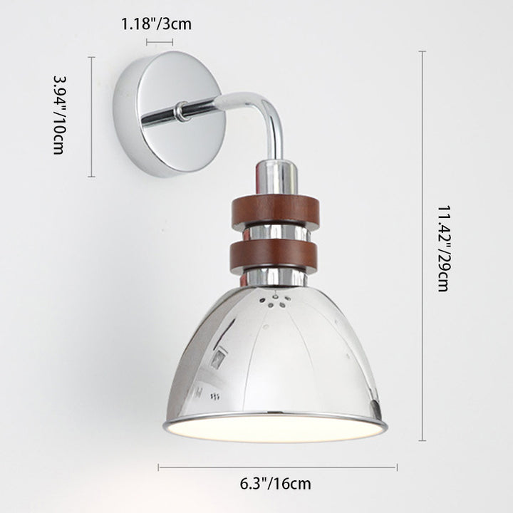 Applique murale contemporaine scandinave avec bol à cornes, cylindre sphérique semi-circulaire, base en disque, fer et bois, 1 lumière pour chambre 