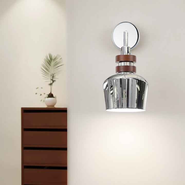 Applique murale contemporaine scandinave avec bol à cornes, cylindre sphérique semi-circulaire, base en disque, fer et bois, 1 lumière pour chambre 