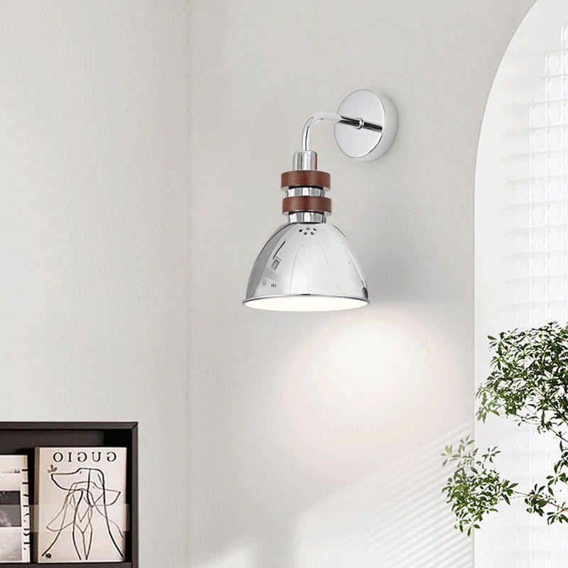 Applique murale contemporaine scandinave avec bol à cornes, cylindre sphérique semi-circulaire, base en disque, fer et bois, 1 lumière pour chambre 