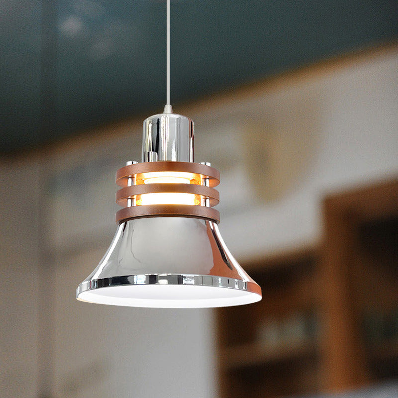 Luz colgante de 1 luz para dormitorio con base de disco cilíndrico acampanado minimalista moderno de hierro y madera 