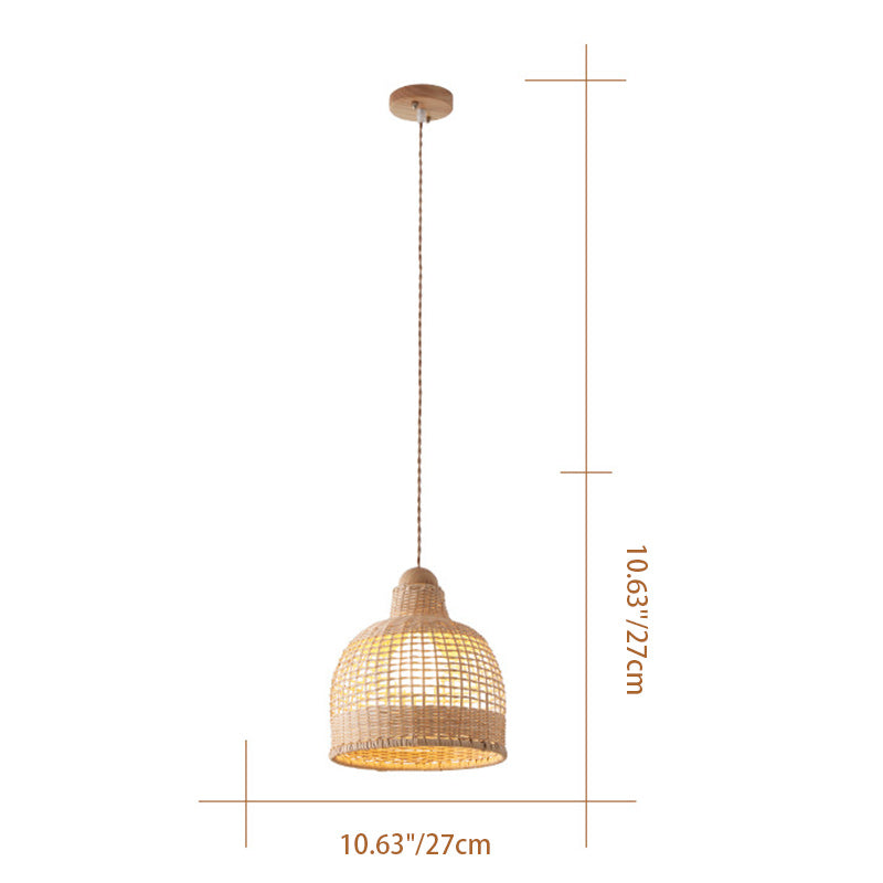Suspension Luminaire Traditionnel Japonais Cylindre Hémisphère Disque Base Rotin Bambou 1-Lumière Pour Chambre 