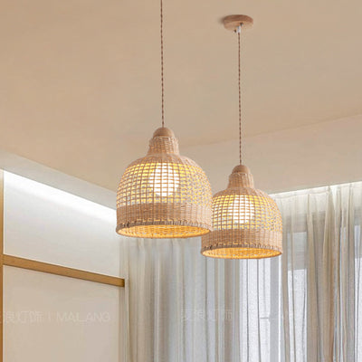 Lámpara colgante de 1 luz con base de disco de hemisferio cilíndrico tradicional japonés de ratán y bambú para dormitorio 