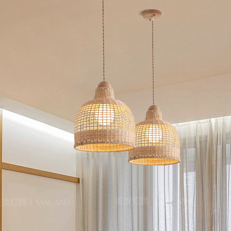 Lámpara colgante de 1 luz con base de disco de hemisferio cilíndrico tradicional japonés de ratán y bambú para dormitorio 