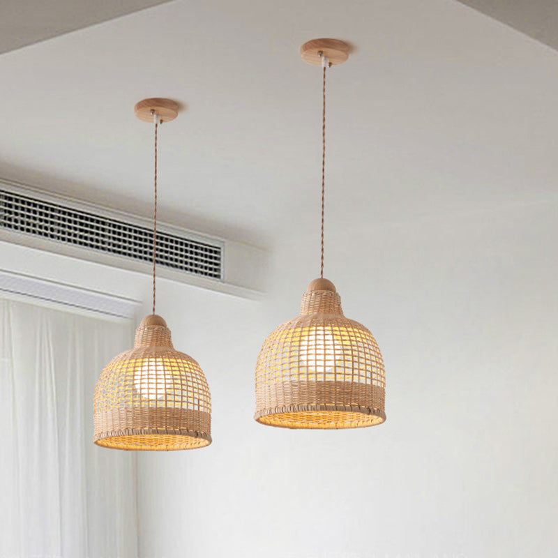Lámpara colgante de 1 luz con base de disco de hemisferio cilíndrico tradicional japonés de ratán y bambú para dormitorio 