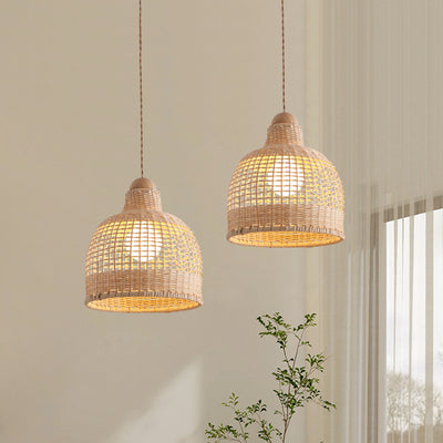 Lámpara colgante de 1 luz con base de disco de hemisferio cilíndrico tradicional japonés de ratán y bambú para dormitorio 