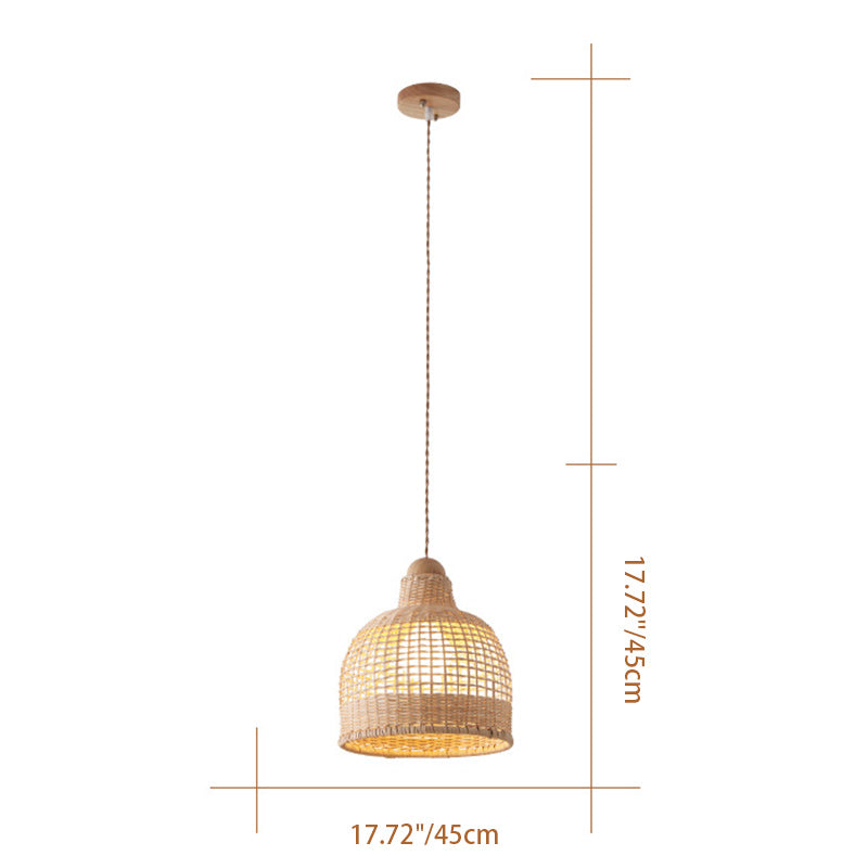 Suspension Luminaire Traditionnel Japonais Cylindre Hémisphère Disque Base Rotin Bambou 1-Lumière Pour Chambre 