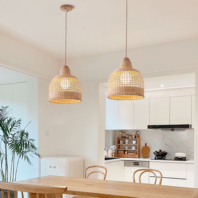 Lámpara colgante de 1 luz con base de disco de hemisferio cilíndrico tradicional japonés de ratán y bambú para dormitorio 