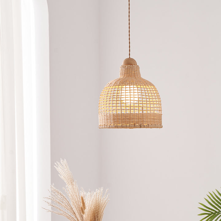Suspension Luminaire Traditionnel Japonais Cylindre Hémisphère Disque Base Rotin Bambou 1-Lumière Pour Chambre 
