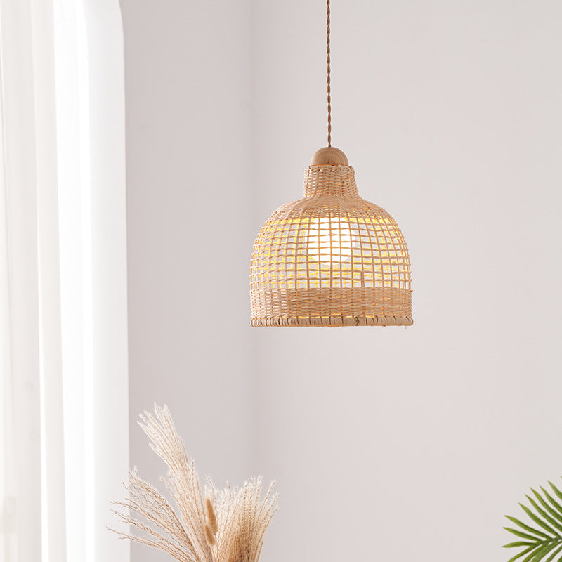 Lámpara colgante de 1 luz con base de disco de hemisferio cilíndrico tradicional japonés de ratán y bambú para dormitorio 