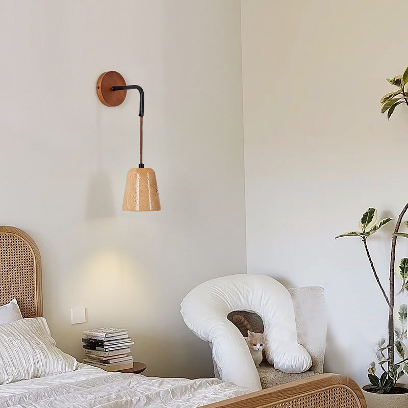 Moderna Minimalista Mesa Redonda Base de Disco Amarillo Travertino Madera Hierro Aplique de Pared de 1 Luz Para Dormitorio 