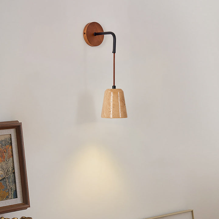 Moderna Minimalista Mesa Redonda Base de Disco Amarillo Travertino Madera Hierro Aplique de Pared de 1 Luz Para Dormitorio 