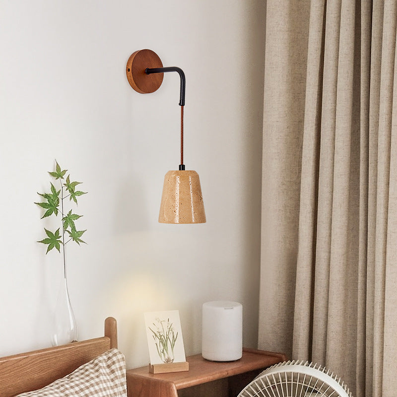 Moderna Minimalista Mesa Redonda Base de Disco Amarillo Travertino Madera Hierro Aplique de Pared de 1 Luz Para Dormitorio 