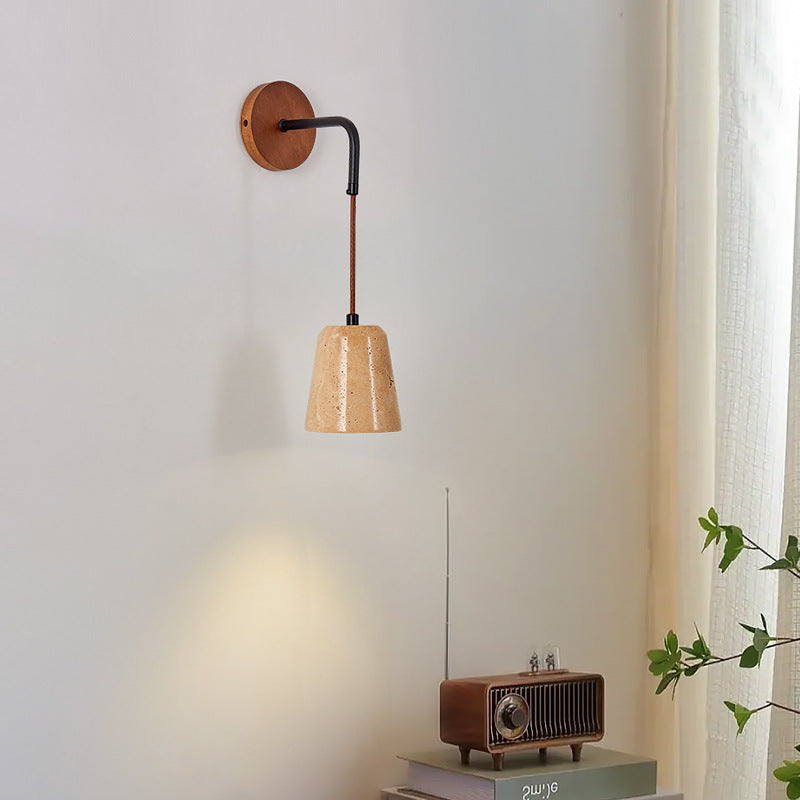 Moderna Minimalista Mesa Redonda Base de Disco Amarillo Travertino Madera Hierro Aplique de Pared de 1 Luz Para Dormitorio 